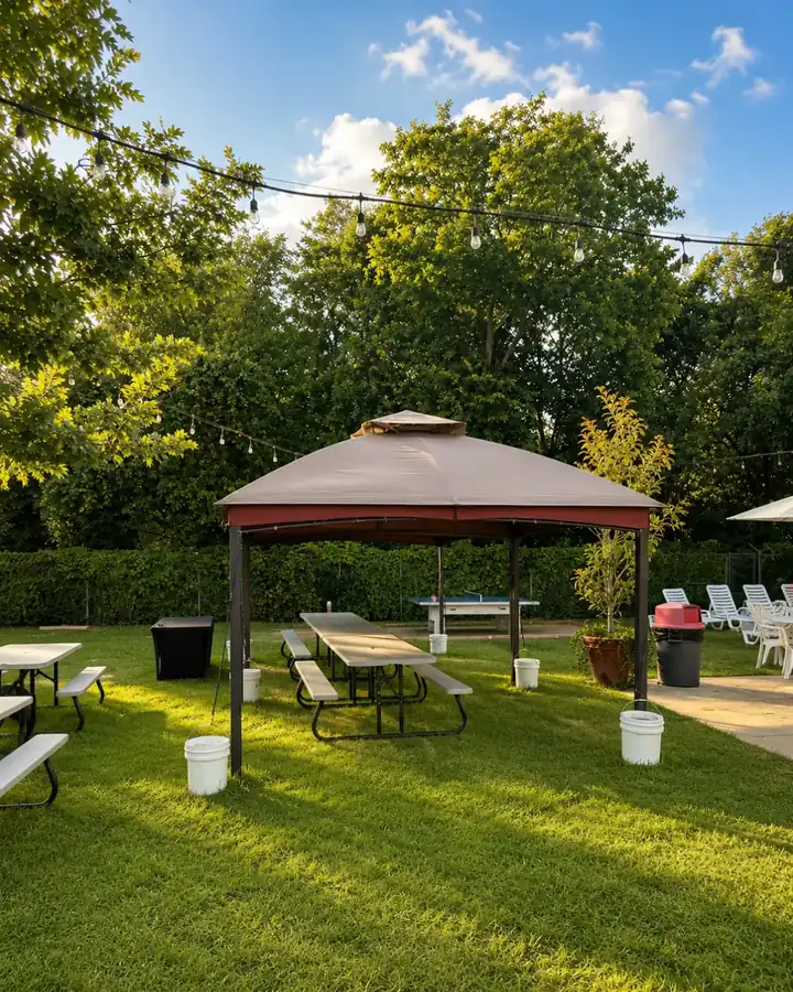 Tan canopy gazebo over picnic tables on the lawn, string lights between the trees