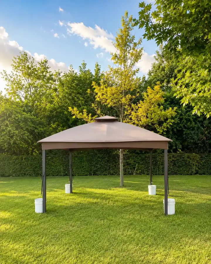 Canopy gazebo on a mown lawn in front of a green hedge line